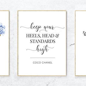 A set of 3 fashion prints, Fashion Quote, Typography, Blue Dress, Fashion Heels, Coco Quote, Watercolor Flowers, Fashion Wall Art