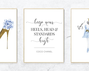 A set of 3 fashion prints, Fashion Quote, Typography, Blue Dress, Fashion Heels, Coco Quote, Watercolor Flowers, Fashion Wall Art