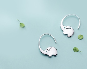 Elephant Earrings in Sterling Silver, Cute Fun Quirky Animal Jewelry, Gift for Her, Animal Lover, Safari Nature Inspired, Open Hoop Earrings