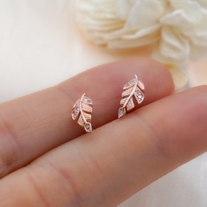 Rose Gold CZ Leaf Earrings, Rose Gold Leaf Studs, Dainty Studs, Nature Earrings, Silver Feather Earrings, Delicate Earrings, Plant Earrings