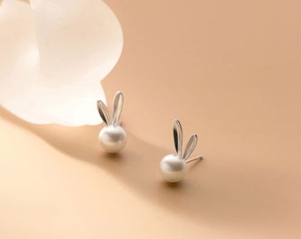 Bunny Earrings, Silver Rabbit Earrings, Animal Jewelry, Cute Stud Earrings, Dainty Pearl Earrings, Kids Jewelry, Animal Lover Gift