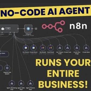 Może przedstawiać: Diagram z tekstem "NO-CODE AI AGENT" w kolorze żółtym na czarnym tle. Diagram przedstawia przepływ pracy z różnymi ikonami i tekstem "RUNS YOUR ENTIRE BUSINESS!"