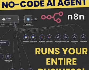 May include: Diagram with the text "NO-CODE AI AGENT" in yellow on a black background. The diagram shows a workflow with various icons and the text "RUNS YOUR ENTIRE BUSINESS!"