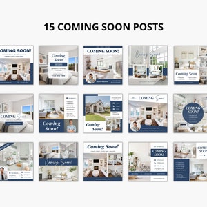 May include: Fifteen social media post templates for estate agents. The templates feature a blue and white colour scheme with the text "Coming Soon!" and images of homes.