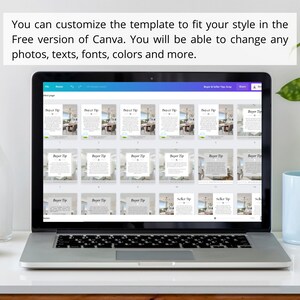 K&ouml;nnte beinhalten: Ein Laptop-Bildschirm zeigt eine Canva-Designvorlage mit mehreren Quadraten, die K&auml;ufer- und Verk&auml;ufertipps f&uuml;r Immobilien anzeigen. Der Text auf dem Bildschirm lautet "Buyer Tip" und "Seller Tip".