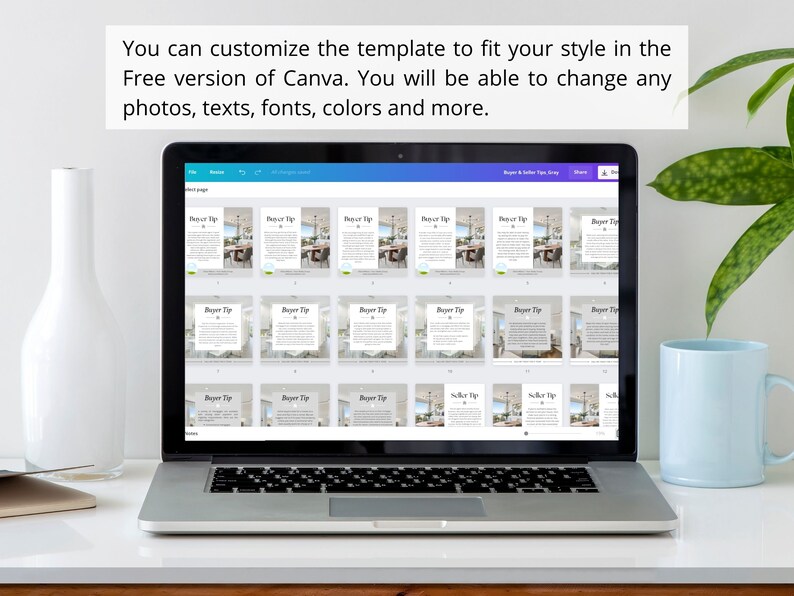 K&ouml;nnte beinhalten: Ein Laptop-Bildschirm zeigt eine Canva-Designvorlage mit mehreren Quadraten, die K&auml;ufer- und Verk&auml;ufertipps f&uuml;r Immobilien anzeigen. Der Text auf dem Bildschirm lautet "Buyer Tip" und "Seller Tip".