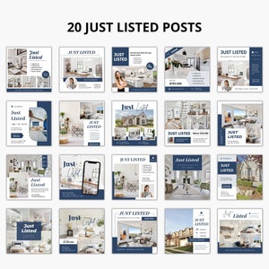 May include: Twenty social media posts showcasing images of homes for sale. Each post features a blue and white colour scheme with the text "Just Listed" and a photograph of a home's interior or exterior.