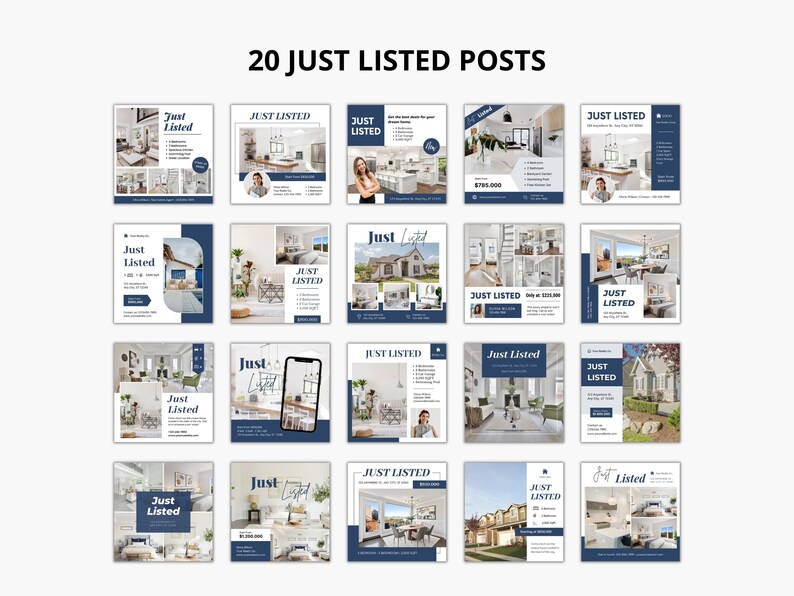 May include: Twenty social media posts showcasing images of homes for sale. Each post features a blue and white colour scheme with the text "Just Listed" and a photograph of a home's interior or exterior.