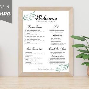 Szablon znaku powitalnego Airbnb, Szablon 1 strony, Znak Airbnb, Przewodnik powitalny, Zasady domu, Instrukcja wymeldowania, Airbnb do druku, Plakat gospodarza