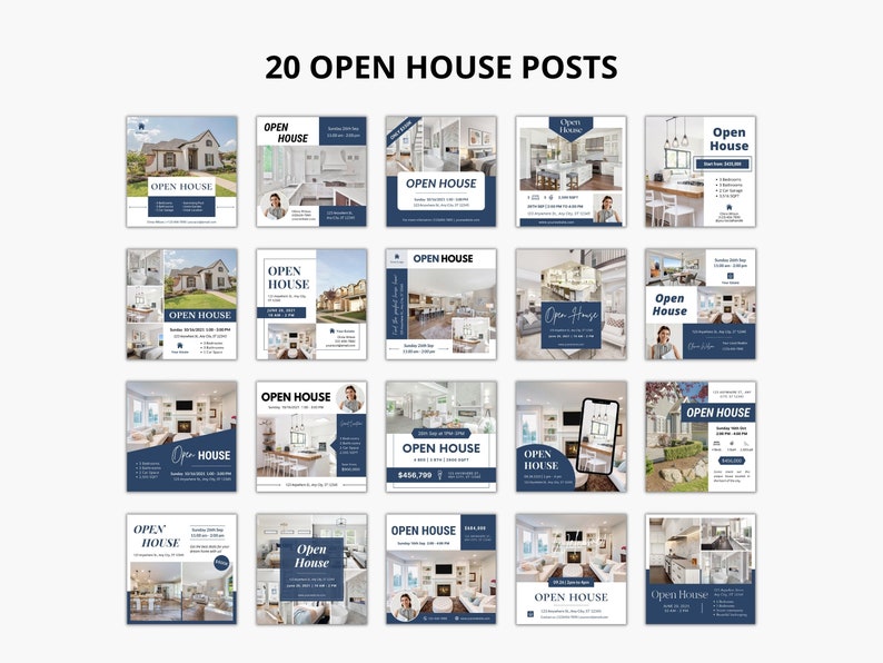 May include: A collage of 20 social media posts advertising open houses for real estate. The posts feature photos of homes, interior design details, and information about the properties. The text on the posts includes the words "Open House" and the address of the property.