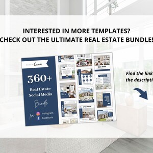 May include: A blue and white graphic with the text "360+ Real Estate Social Media Bundle for Instagram and Facebook" and a sample of social media posts for real estate agents.
