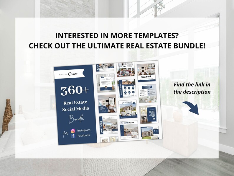 May include: A blue and white graphic with the text "360+ Real Estate Social Media Bundle for Instagram and Facebook" and a sample of social media posts for real estate agents.