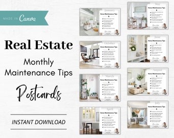 12 Monthly Maintenance Tips Postcard Templates, Real Estate Postcards, Realtor Farming Postcards, Real Estate Marketing, Realtor Marketing
