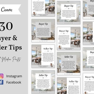 K&ouml;nnte beinhalten: Eine Collage aus 30 Social-Media-Posts mit Tipps f&uuml;r Hausk&auml;ufer und -verk&auml;ufer. Die Posts zeigen Bilder von modernen H&auml;usern und Text mit Tipps wie "Holen Sie sich einen Vorsprung bei Reparaturw&uuml;nschen mit einer Vorab-Inspektion vor der Listung. Im Grunde genommen eine gro&szlig;artige Inspektion!"