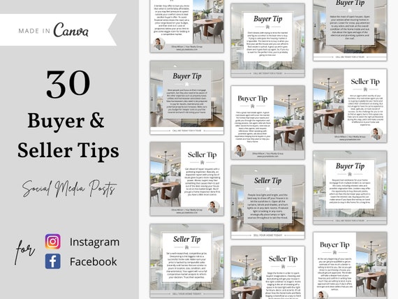 30 Buyer and Seller Tips Real Estate Social Media Posts, Buyer Tips, Seller Tips, Real Estate Instagram Posts, Realtor Marketing
