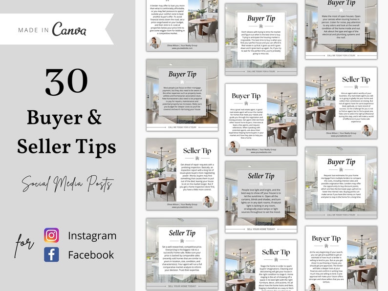 K&ouml;nnte beinhalten: Eine Collage aus 30 Social-Media-Posts mit Tipps f&uuml;r Hausk&auml;ufer und -verk&auml;ufer. Die Posts zeigen Bilder von modernen H&auml;usern und Text mit Tipps wie "Holen Sie sich einen Vorsprung bei Reparaturw&uuml;nschen mit einer Vorab-Inspektion vor der Listung. Im Grunde genommen eine gro&szlig;artige Inspektion!"