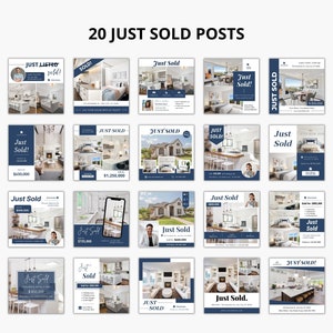 May include: A collection of 20 social media posts for estate agents. Each post features a photo of a home with the text "Just Sold" and the price of the home. The posts are designed to be used on Instagram, Facebook, and other social media platforms.
