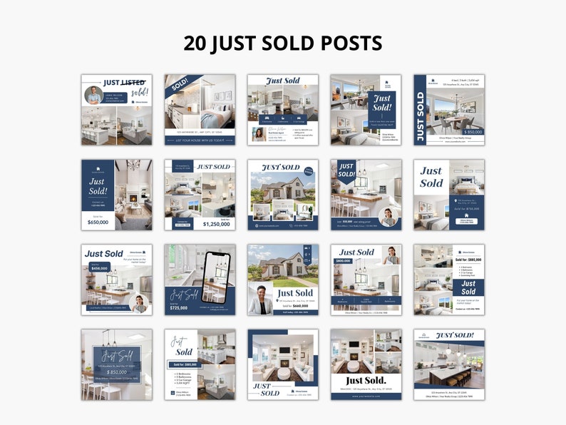 May include: A collection of 20 social media posts for estate agents. Each post features a photo of a home with the text "Just Sold" and the price of the home. The posts are designed to be used on Instagram, Facebook, and other social media platforms.