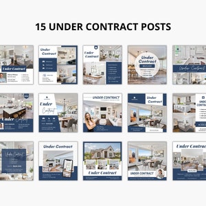 May include: A collage of 15 social media posts advertising homes for sale. Each post features a photo of a home's interior, the text "Under Contract", and details about the property. The posts are designed in a modern style with a blue and white colour scheme.