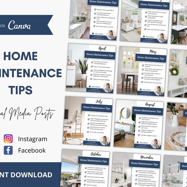 Home Maintenance Tips Social Media Posts, Monthly Home Maintenance Tips Instagram Posts, Real Estate Marketing, Real Estate Instagram Posts