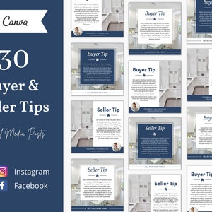 May include: A navy blue graphic with the text "30 Buyer & Seller Tips" and "Social Media Posts" in white. The graphic also includes the Instagram and Facebook logos. The design is made in Canva.