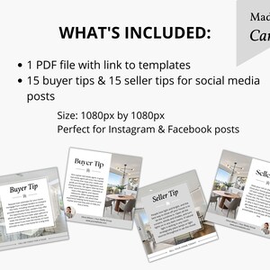 K&ouml;nnte beinhalten: Ein digitales Marketing-Kit f&uuml;r Immobilienmakler. Das Kit enth&auml;lt 15 Tipps f&uuml;r K&auml;ufer und 15 Tipps f&uuml;r Verk&auml;ufer f&uuml;r Social-Media-Posts. Die Tipps sind f&uuml;r Instagram- und Facebook-Posts konzipiert und haben eine Gr&ouml;&szlig;e von 1080 Pixel mal 1080 Pixel. Das Kit enth&auml;lt au&szlig;erdem eine PDF-Datei mit einem Link zu Vorlagen.