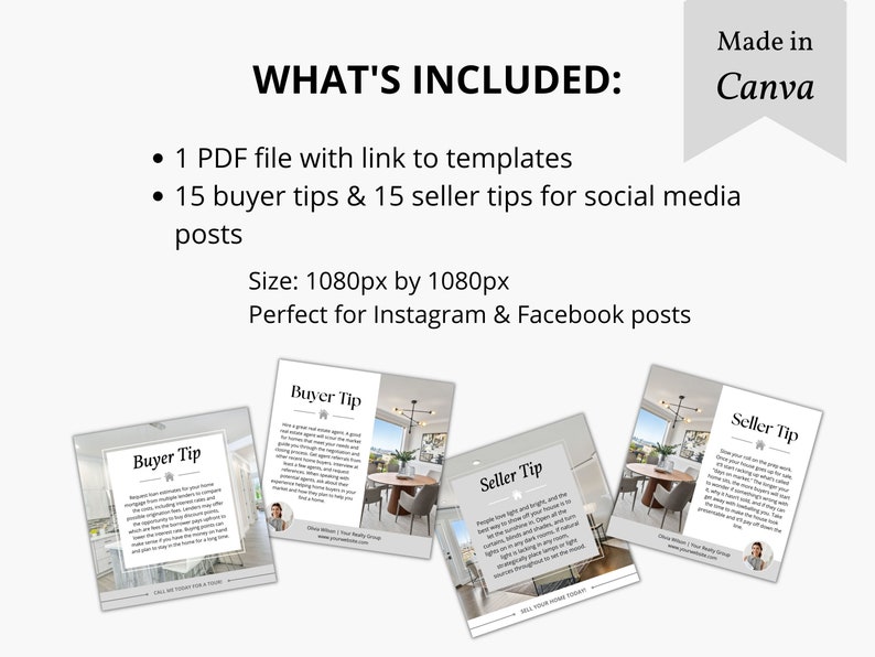 K&ouml;nnte beinhalten: Ein digitales Marketing-Kit f&uuml;r Immobilienmakler. Das Kit enth&auml;lt 15 Tipps f&uuml;r K&auml;ufer und 15 Tipps f&uuml;r Verk&auml;ufer f&uuml;r Social-Media-Posts. Die Tipps sind f&uuml;r Instagram- und Facebook-Posts konzipiert und haben eine Gr&ouml;&szlig;e von 1080 Pixel mal 1080 Pixel. Das Kit enth&auml;lt au&szlig;erdem eine PDF-Datei mit einem Link zu Vorlagen.