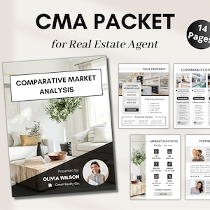 May include: A black and white CMA packet for real estate agents with a photo of a living room and a headshot of Olivia Wilson, a real estate agent. The packet includes a comparative market analysis, market statistics, and testimonials.