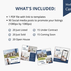 May include: A set of 90 social media post templates for real estate agents. The templates are designed to promote listings and include different categories such as "Just Listed", "Just Sold", "Under Contract", and "Coming Soon". The templates are 1080 pixels by 1080 pixels.