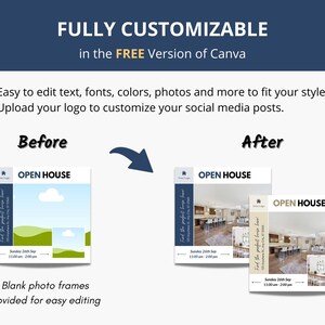 May include: Before and after images demonstrating how to customise a social media post for an open house. The before image shows a blank template with a green landscape and a blue sky. The after image shows a customised template with a photo of a kitchen and dining room. The text on the template reads "Open House" and includes the date and time of the event.