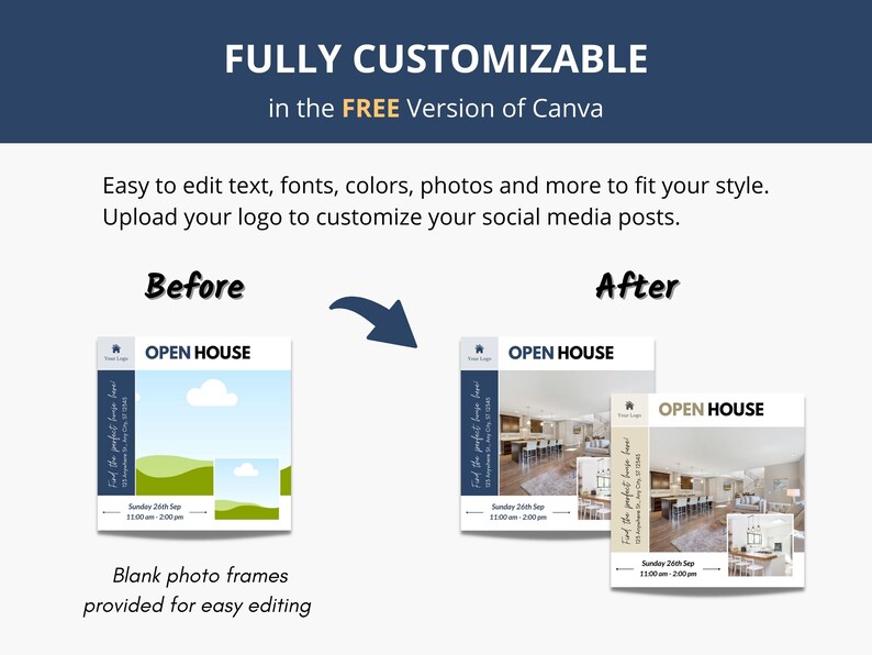 May include: Before and after images demonstrating how to customise a social media post for an open house. The before image shows a blank template with a green landscape and a blue sky. The after image shows a customised template with a photo of a kitchen and dining room. The text on the template reads "Open House" and includes the date and time of the event.
