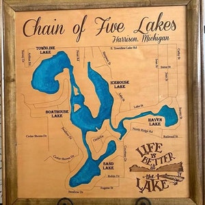 Wood Lake Map, Chain of Five Lakes Michigan, Any Lake, Lake House Decor, Wall Art, Personalized Gift, Cabin Decor, Customizable, Lake Signs,