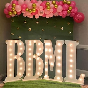 May include: White light-up letters spelling out "BBML" with a backdrop of a green wall decorated with pink and gold balloons and gold butterfly cutouts.