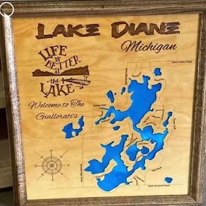 Wood Lake Map, Lake Diane Michigan, Any Lake, Lake House Decor, Wall Art, Personalized Gift, Cabin Decor, Customizable, Lake Signs,