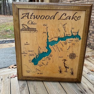 Wood Lake Map, Atwood Lake Ohio, Any Lake, Lake House Decor, Wall Art, Personalized Gift, Cabin Decor, Customizable, Lake Signs, Map, Framed
