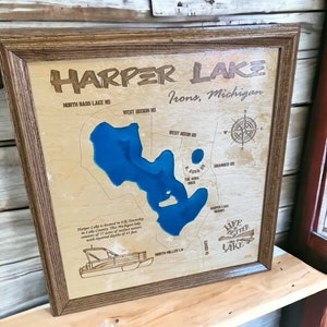 Wood Lake Maps, Harper Lake Michigan, Any Lake, Lake House Decor, Wall Art, Personalized Gift, Cabin Decor, Customizable, Lake Signs,