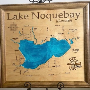 Wood Lake Map, Lake Noquebay Wisconsin, Any Lake, Lake House Decor, Wall Art, Personalized Gift, Cabin Decor, Customizable, Lake Signs, Map,