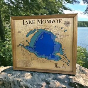 Wood Lake Map Lake Monroe Florida 3D layered Depth, Any Lake, Lake House Decor, Wall Art, Personalized Gift, Cabin Decor, Customizable Signs