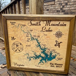 Smith Mountain Lake Virginia, Wood lake map.  Any Lake, Lake House Decor, Wall Art, Personalized Gift, Cabin Decor, Customizable, Signs, Map