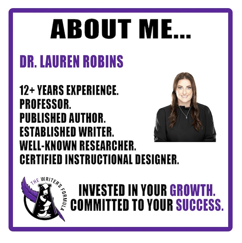 May include: A purple and white graphic with the text "ABOUT ME..." and "DR. LAUREN ROBINS" in black. The graphic lists qualifications including "12+ YEARS EXPERIENCE", "PROFESSOR", "PUBLISHED AUTHOR", "ESTABLISHED WRITER", "WELL-KNOWN RESEARCHER", and "CERTIFIED INSTRUCTIONAL DESIGNER". A photo of a woman with long brown hair wearing a black shirt is in the upper right corner. The graphic also includes a logo with the text "THE WRITER'S FORMULA" and the text "INVESTED IN YOUR GROWTH. COMMITTED TO YOUR SUCCESS."
