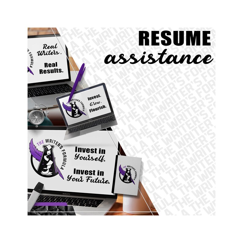 May include: A laptop computer with a purple and black logo that says "The Writer's Formula" and the text "Invest in Yourself. Invest in Your Future." The laptop is on a desk with a white mug and a black and white alarm clock. The background is a white and black pattern that says "The Writer's Formula".
