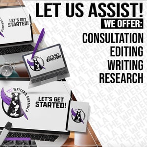 May include: A laptop computer screen displaying the text "Let's Get Started!" with a purple and black logo of a beaker with a feather and the text "The Writer's Formula". The laptop is on a wooden table with a white notebook with the same logo and text. The background is a white and gray pattern with the text "The Writer's Formula" repeated.