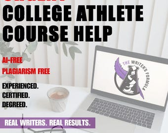 May include: A laptop computer with a white background and the text "URGENT COLLEGE ATHLETE COURSE HELP" in red and black. The text "AI-FREE PLAGIARISM FREE" is in black. The text "EXPERIENCED. CERTIFIED. DEGREED." is in black. The text "REAL WRITERS. REAL RESULTS." is in black. A purple logo with the text "THE WRITER'S FORMULA" is on the laptop screen.