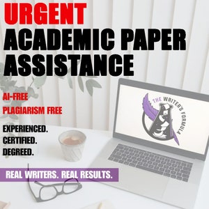 May include: A laptop computer with a white screen displaying a logo for "The Writer's Formula". The laptop is on a white desk with a cup of coffee and a pair of glasses. The text "URGENT ACADEMIC PAPER ASSISTANCE" is at the top of the image. The text "AI-FREE PLAGIARISM FREE" is below the laptop. The text "EXPERIENCED. CERTIFIED. DEGREED." is below that. The text "REAL WRITERS. REAL RESULTS." is at the bottom of the image.