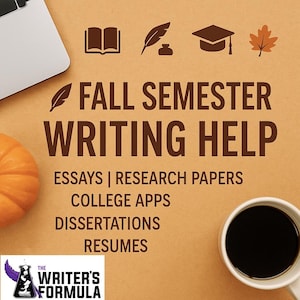 May include: A brown graphic with the text "FALL SEMESTER WRITING HELP." The image features a pumpkin, coffee cup, laptop, and icons of a book, pen, graduation cap, and leaf. Services include essays, research papers, college apps, dissertations, and resumes.