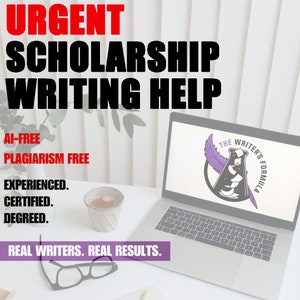 Puede incluir: Un ordenador portátil con una pantalla blanca y un logotipo morado que dice "The Writer's Formula". El portátil está sobre un escritorio blanco con una taza de café y unas gafas. El texto "URGENT SCHOLARSHIP WRITING HELP" está en la parte superior de la imagen. El texto "AI-FREE PLAGIARISM FREE" está debajo del portátil. El texto "EXPERIENCED. CERTIFIED. DEGREED." está debajo de eso. El texto "REAL WRITERS. REAL RESULTS." está en la parte inferior de la imagen.