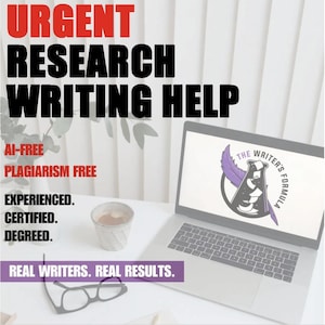 Könnte beinhalten: Ein Laptop mit einem lila und schwarzen Logo, auf dem "The Writer's Formula" steht. Der Text auf dem Bildschirm lautet "Urgent Research Writing Help", "AI-Free", "Plagiarism Free", "Experienced", "Certified", "Degreed" und "Real Writers. Real Results."