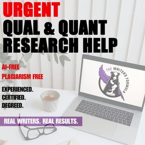 Könnte beinhalten: Ein Laptop mit weißem Hintergrund und dem Text "URGENT QUAL & QUANT RESEARCH HELP" in Schwarz. Der Laptop hat ein lilafarbenes Logo mit dem Text "THE WRITER'S FORMULA". Der Text "AI-FREE PLAGIARISM FREE" ist in Rot. Der Text "EXPERIENCED. CERTIFIED. DEGREED." ist in Schwarz. Der Text "REAL WRITERS. REAL RESULTS." ist in Lila.