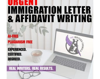 May include: A laptop screen shows a logo with a quill and a figure, with the words "THE WRITER'S FORMULA." The image also features text: "URGENT IMMIGRATION LETTER & AFFIDAVIT WRITING," "AI-FREE," "PLAGIARISM FREE," and "REAL WRITERS. REAL RESULTS."