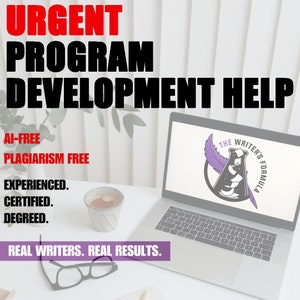 Puede incluir: Un ordenador portátil con una pantalla blanca y un logotipo morado que dice "The Writer's Formula". El portátil está sobre una mesa blanca con una taza de café y unas gafas. El texto "URGENT PROGRAM DEVELOPMENT HELP" está en letras rojas y negras en la parte superior de la imagen. El texto "AI-FREE PLAGIARISM FREE" está en letras negras debajo del portátil. El texto "EXPERIENCED. CERTIFIED. DEGREED." está en letras negras debajo del texto "AI-FREE PLAGIARISM FREE". El texto "REAL WRITERS. REAL RESULTS." está en letras negras debajo del texto "EXPERIENCED. CERTIFIED. DEGREED."